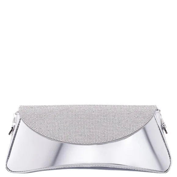 Nina Crystal Flap Mirror Metallic Patent Clutch Bag - Silver - Picture 1 of 8
